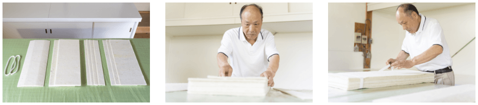 形状の違うウールボードをくみ上げる様子